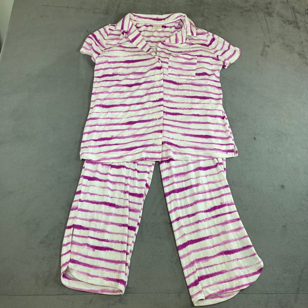 Soma Cool Nights Pajama Set Small Purple White Stripe Short Sleeve Crop Pants